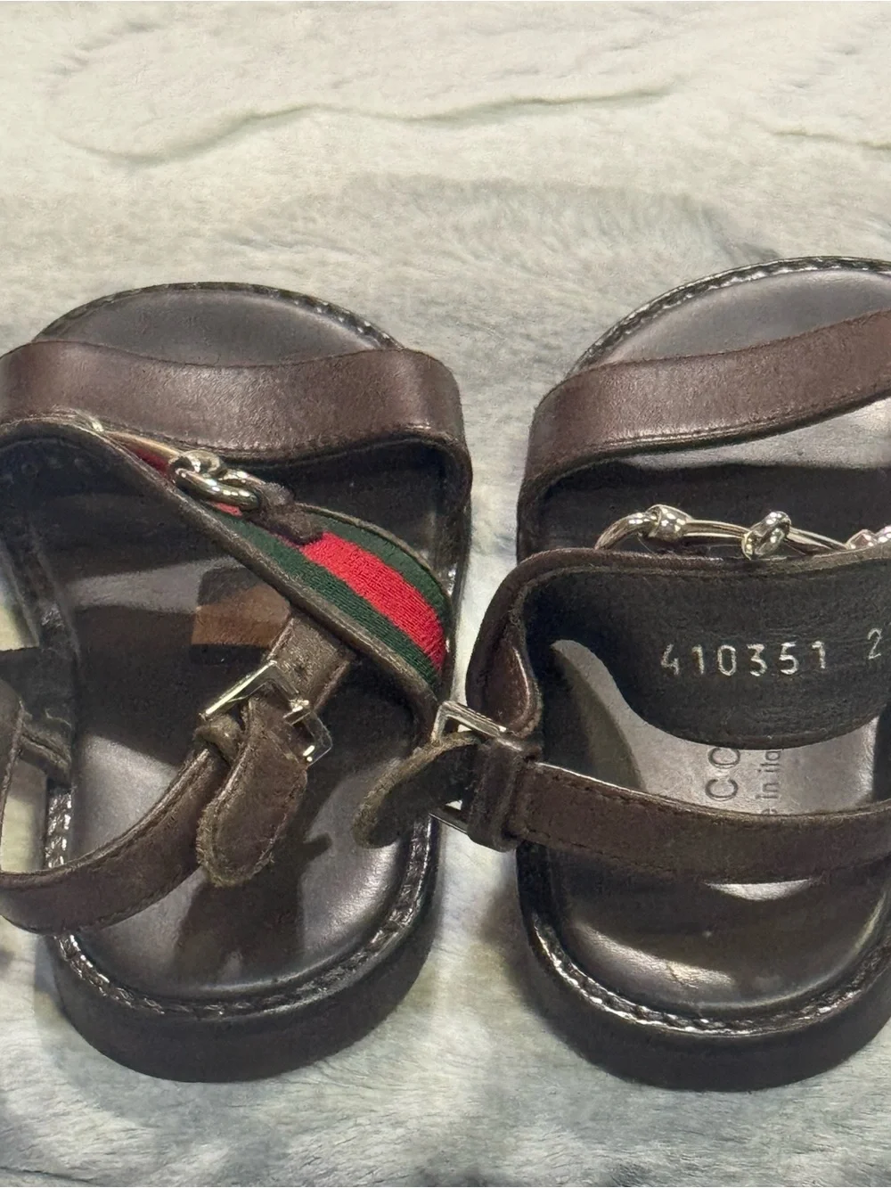 Gucci Brown Leather Kids Sandals with Red-Green Web and Silver Horsebit